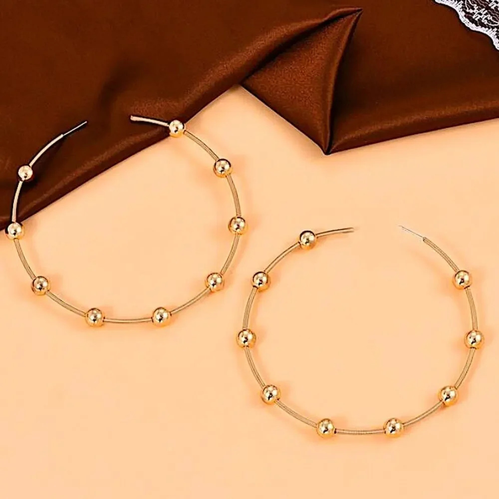 Gold Ball Beaded Hoop Earrings - Picture 3 of 4